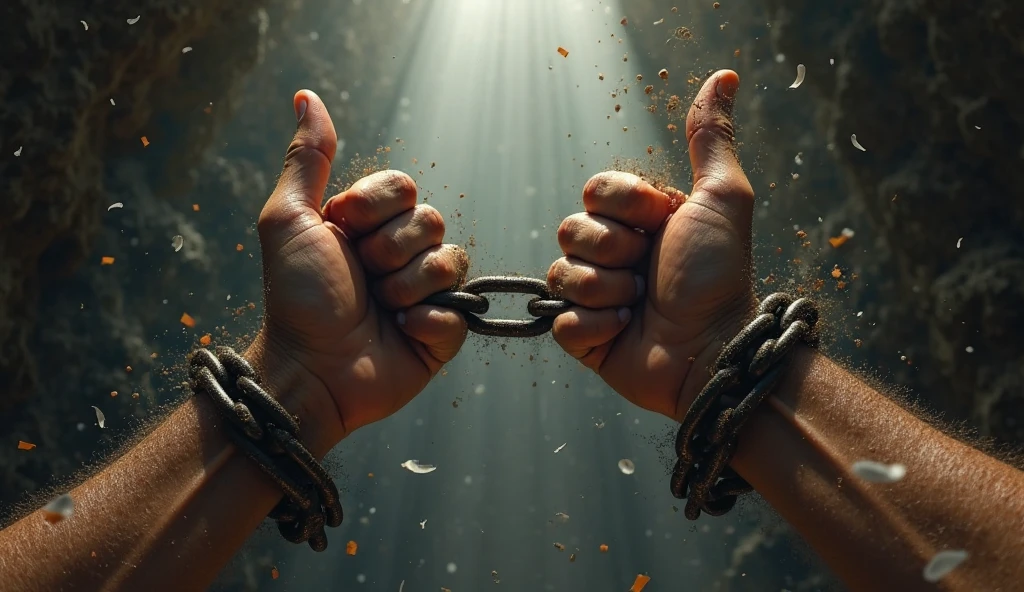 Several chained women's hands, but the chains are broken. Let the women's hands be extended upwards and forward.. Around the women's hands are two men's hands (right and left) bigger, How to protect more women's hands, that surround the hands of women and that you see those men's hands grabbing the chains and breaking the chains that the women's hands have and that only from the men's hands come flashes of light