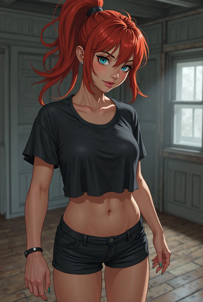 (SFW), masterpiece, best quality, highres 64k, professional artwork, famous artwork, clean, cinematic lighting, beautiful eyes + detail, beautiful hair + detail, multicolored hair, (very sexy young female body:1.4), ( medium breasts, lactation), happy:1.3, smile, sexy looking at the viewer, floating hair, poison ivy arkham, red hair, french braid, green eyes, makeup, green skin, leaf, torn red shirt , sexy black jeans, indoors, bedroom, (Welcome home), <lora:poison_ivy_arkham:0.4>