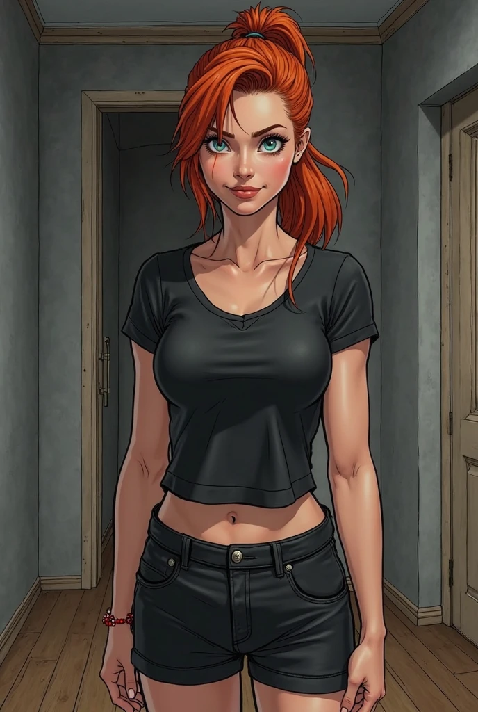 Clay Mann, woman, solo, detective clothes, cigarette, (small breasts:1.3), holsted gun, red hair, bob cut, short hair, indoors, police station, detailed, masterpiece, absurdres, best quality, cowboy shot