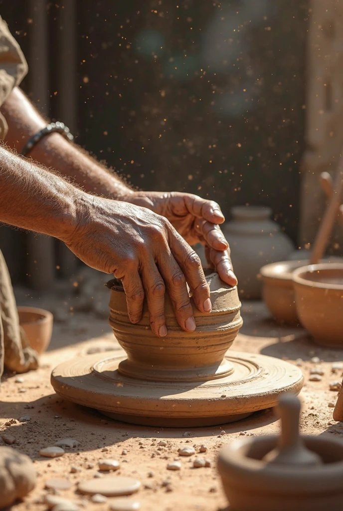 In a sand sculpture style, <lora:Sand-Sculpture-Style-SCG:0.85>,, A potter's hands molding a delicate porcelain vase, spinning wheel humming.