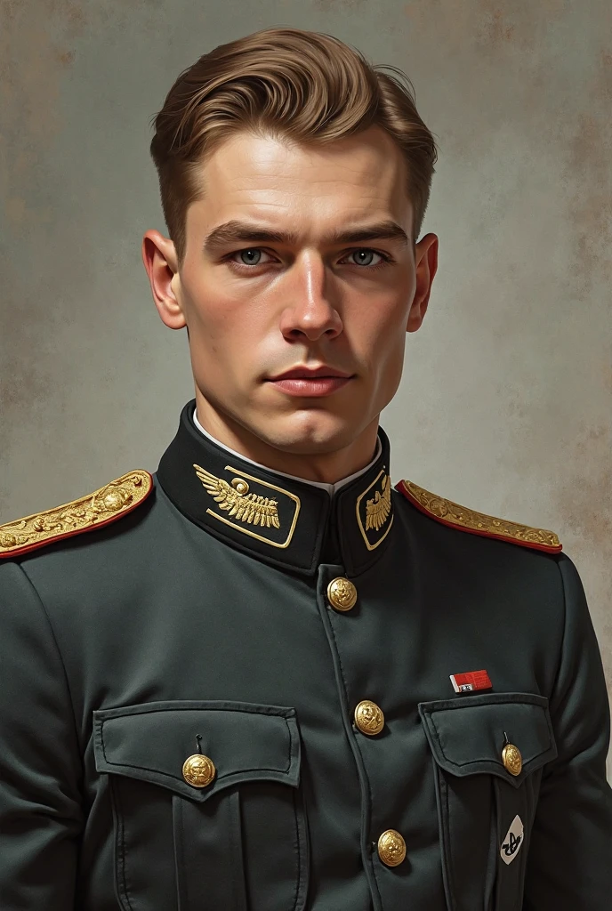 portrait, man, black shield and hair, short haircut, unshaven man, man has a small beard, man is 25 years old, communist, in a jacket, burgundy jacket, small badge, badge with a red star, Slavic appearance