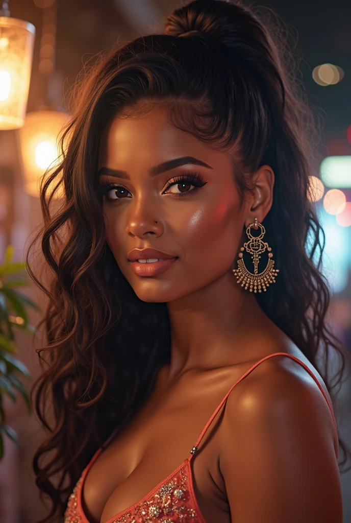 1girl, in laboratory, (18 years old), (Latina), dark skin, wide shot, long wavy hair, orgasm, (floral sun dress), (Masterpiece, Professional lighting, 16k, 8k wallpaper, raw photo, photorealistic:1.8, ultra detailed, natural lighting, detailed skin sexy pose, open mouth, big lips, view from above, night time, eyes closed, magic energy, neon light