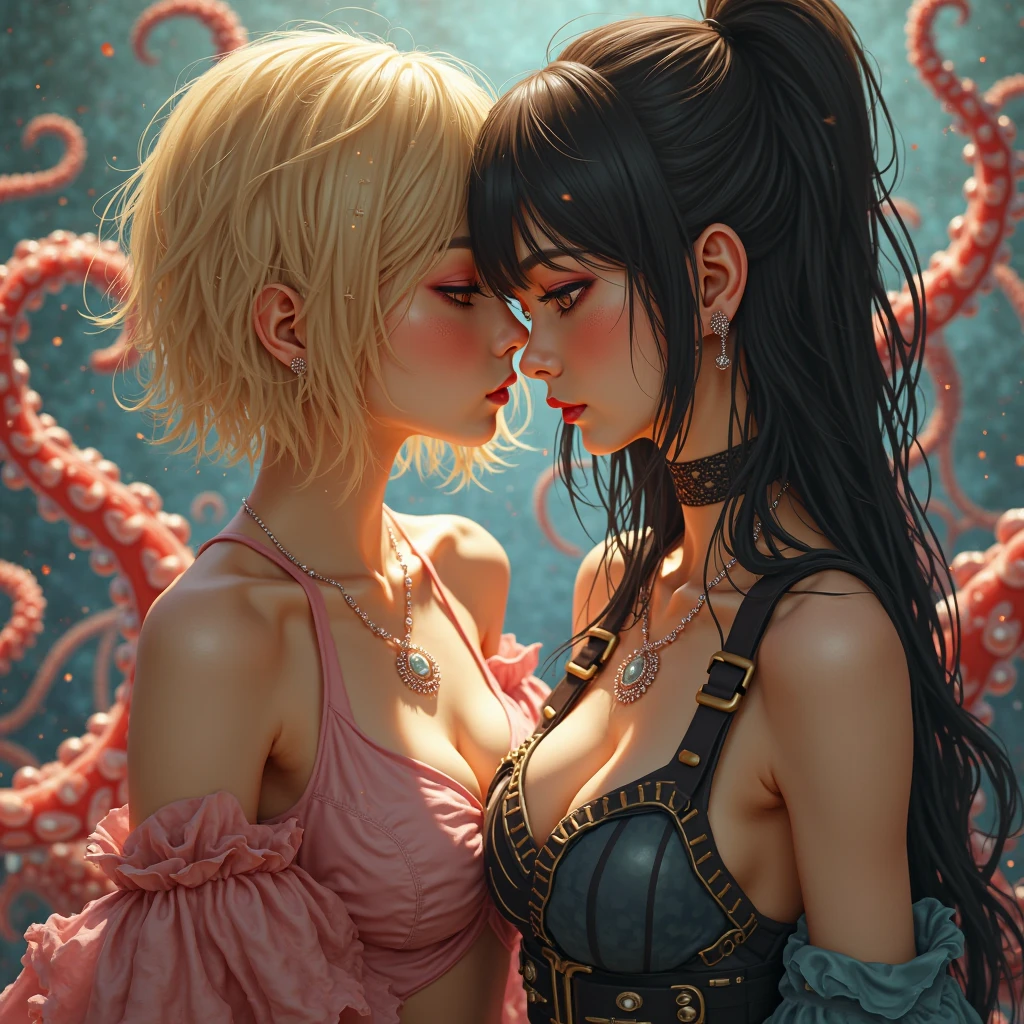 ((masterpiece, flat shading, flat colors)), Cinematic shot of lesbian sex orgy where 4 females penetrated by tentacles, ((tentacles on necks )), torn clothes, hands in panties, perfect bodies, (attacked by tentacles), sexy, beautiful 