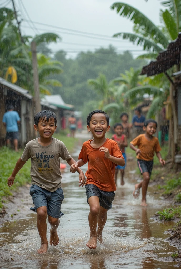 scene of happiness, image of a bunch of children playing rain water in the middle of slump area, intricate detailed, sepia color, textured and weathered