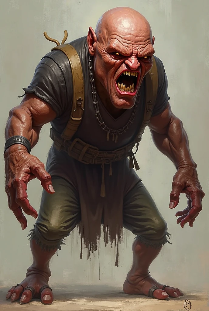 goblinoid brute, chained at the wrists and ankles, black and gray art, murky, ulta definition, brutes, post war scenario background