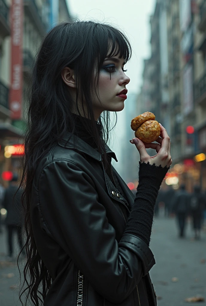 I need a photo of a girl eating a hamburger, Spotlight,  with backlight lighting (so the girl has to be in profile clearly)  black hair and black bangs eating hamburger