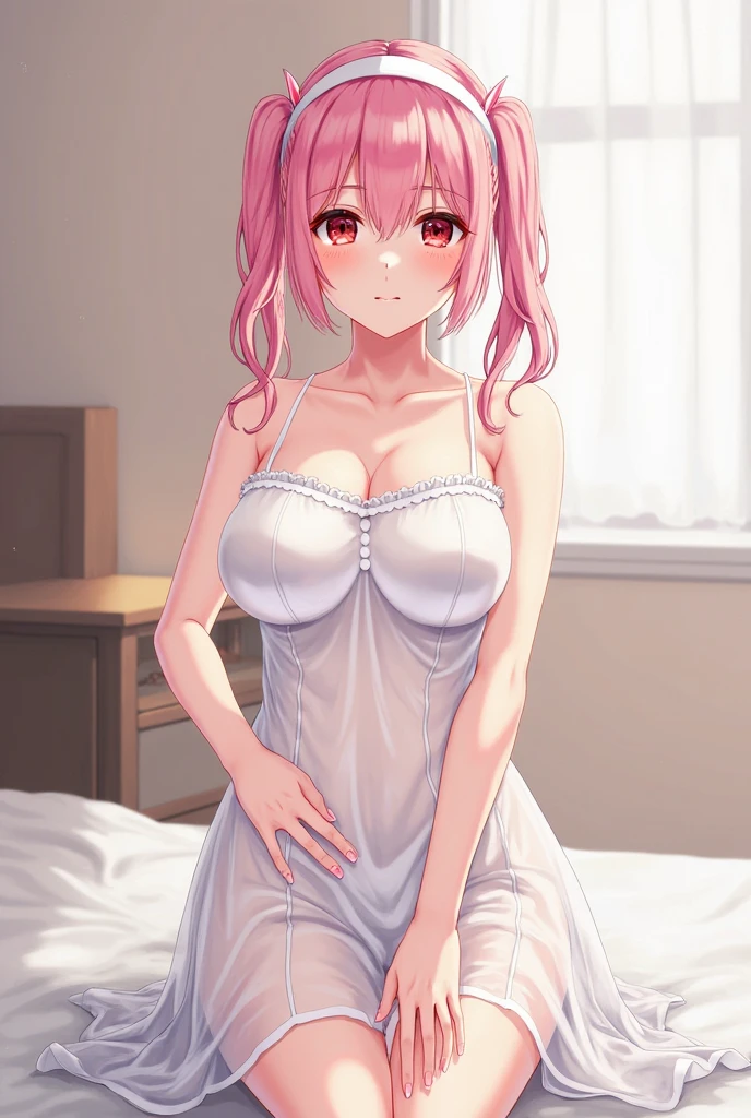 (((perfect pixels, perfect details))), alone, 1 girl, sumi sakurasawa, white lace-trimmed bra, looking, blushing, embarrassed , blushing, short lace-trimmed bra, white, blush, big breasts, pink hair, bed, room,bedroom.