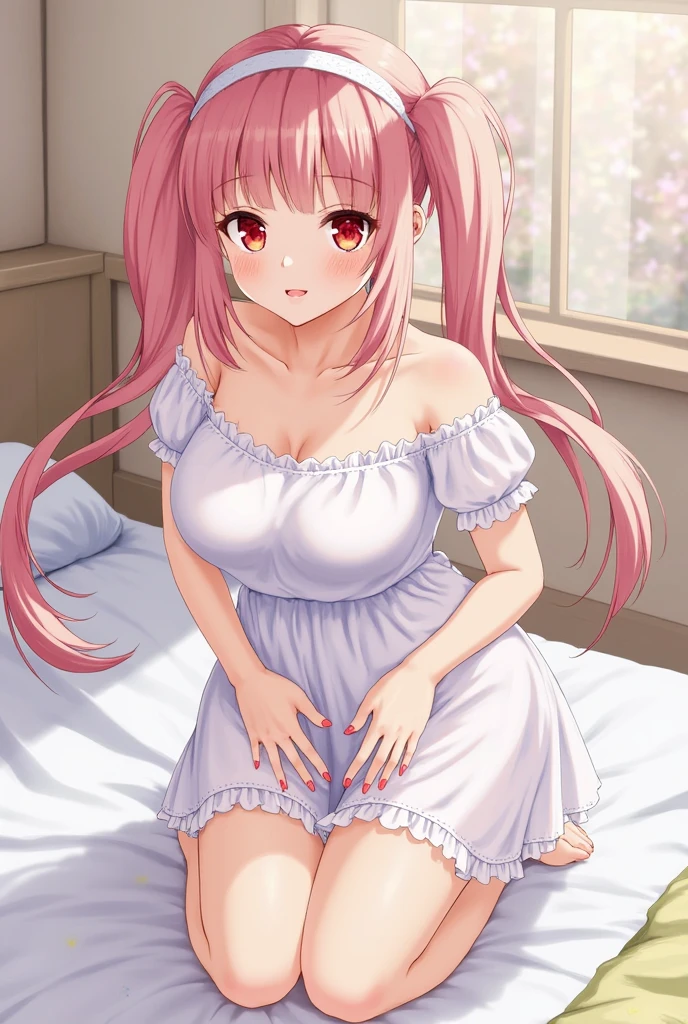 Girl, twin-tail, sole foot, nude, NSFW, pussy, pink hair, sitting, High quality, cat ear, show the soles of feet, nipple, on the bed, liquid from pussy, pink eyes, spread pussy, 