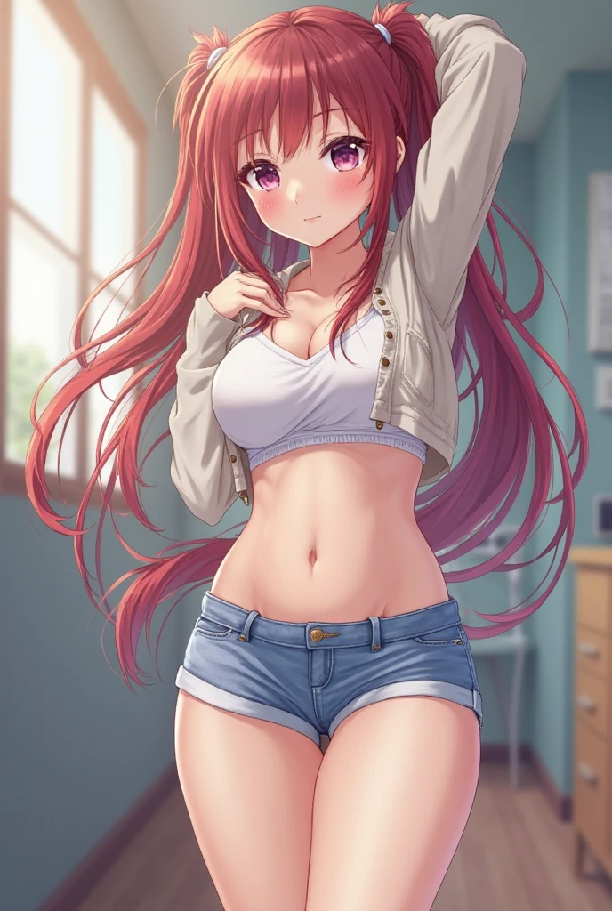 (masterpiece, best quality), 1girl, red hair, green eyes, best quality, masterpiece, looking at viewer, small breasts, crop shirt, thighhighs, sexy legs, white t-shirt, arms up, see-through, indoors, wide hips, striped panties, innocent wear, <lora:add_detail:1>