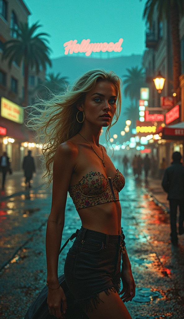 (full body view: 1.4), (straight looking to the camera: 1.4), RAW UHD portrait photo of a 21-year-old blonde (blue-eyed woman) walking down a dark alley, large breasts,, city at night, (lingere), (neckline), details (textures! , hair! , glitter, color!! , disadvantages: 1.1), glossy eyes with high detail (looking at the camera), SLR lighting, SLR camera, ultra-quality, sharpness, depth of field, film grain (center), Fujifilm XT3, crystal clear, frame center, beautiful face, sharp focus, street lamp, neon lighting, bokeh (dimly lit), night, (night sky), detailed skin pores, oily skin, sunburn, complex eye details, full body