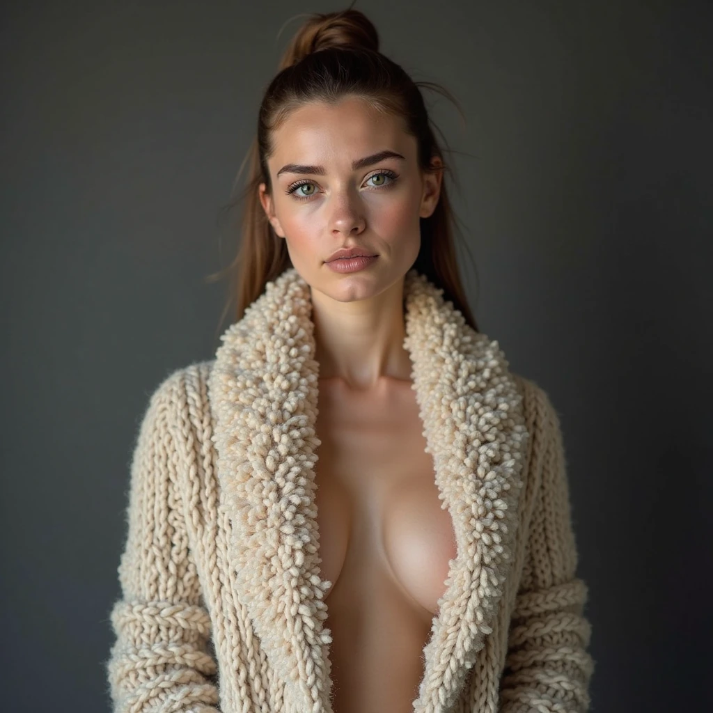Best quality, masterpiece, ultra high res, (photorealistic:1.4), raw photo, 1girl, platinum hair, blue eyes, detailed eyes and face, wear nothing, nipple shaped clearly visible, dynamic lighting, in the dark, deep shadow, low key, cowboy shot full-lenght body, red lips, earrings, long fur coat, standing, street