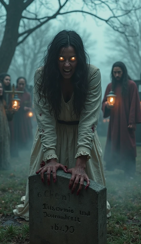 A chilling scene depicting a terrified woman in a vintage, tattered dress, her face contorted in fear as she confronts a monstrous creature with fiery eyes and a grotesque, snarling mouth. The background is engulfed in flames, casting an eerie glow and creating dramatic shadows. The composition captures the intensity of the moment, with the woman reaching out towards the creature, while a shadowy figure looms in the foreground, adding to the sense of dread. Cinematic lighting, high contrast, and a gritty texture enhance the horror aesthetic, reminiscent of classic horror films.