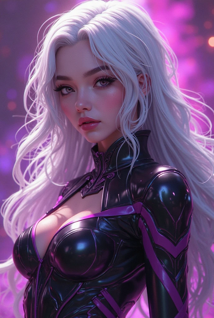 <lora:EvelynnAO:0.8>, (portrait, closeup, headshot), EvelynnAO, 1girl, 3d render, makeup, hair buns, yellow eyes, black bra, bedroom, white hair, choker, long hair, purple opalescent jacket, masterpiece, garter belts, white sclera, hoop earrings