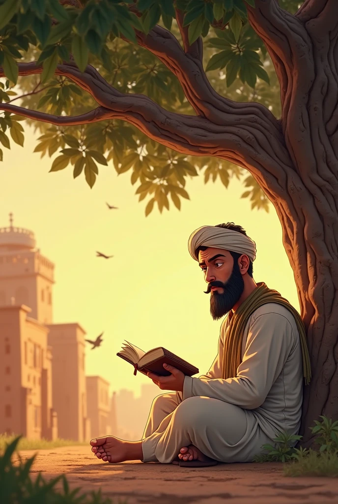 A Muslim man is writing inside a beautiful garden with a pond, flowers, birds, and a carefully crafted wooden bench.