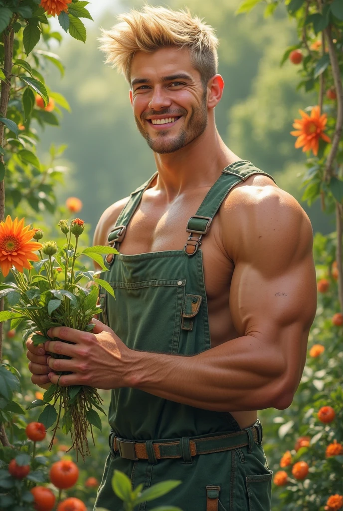 realistic, masterpiece, intricate details, detailed background, depth of field, cinematic, muscular, pectorals, photo of a young boy, no body hair, no beard, wearing nothing completely naked, big penis size, correct looking penis, well-shaped penis, smooth penis, farming, greenhouse, barrels, bushels of fruits and vegetables, sunlight, (smile:0.7), dirty, sweaty, looking at viewer,