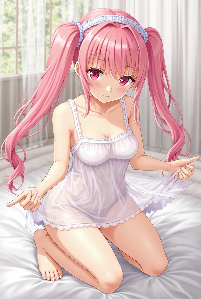 masterpiece, best quality, ultra detailed, best illustration, nsfw, 1girl, one-piece swimsuit, nakano nino, pink hair, butterfly hair ornament, nipple, nude, pussy, love juice