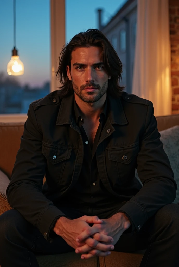 Handsome Man 36, lean muscular body, tan skin olive, his eyes are big and blue, 1.90m, his hair is dark brown with natural waves that flow down his shoulders, a little stubble unshaved, wearing a black jacket, white t-shirt, jeans