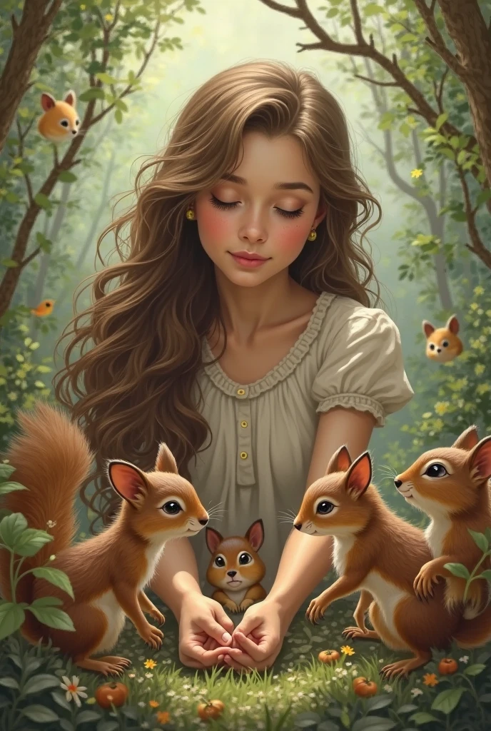 Cute girl with long brown hair sitting in the forest with eyes closed, Good interaction with little squirrels，sunlight shines through the leaves,quiet, peaceful, dreamy