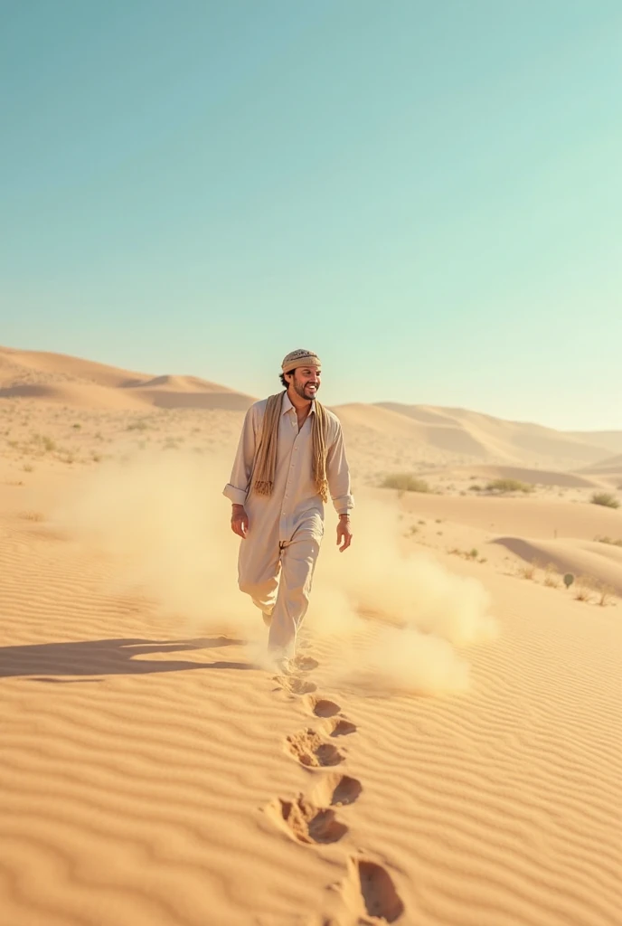 A realistic image in warm tones. The scene shows a vast desert under a blazing sun. A 50-year-old man with light skin, wearing a white thobe and a keffiyeh on his head, is walking through the endless golden sand. He appears exhausted, with the heat of the desert clearly affecting him. The sky is a scorching bright blue, and the atmosphere is harsh, emphasizing the man's desperate search for water."