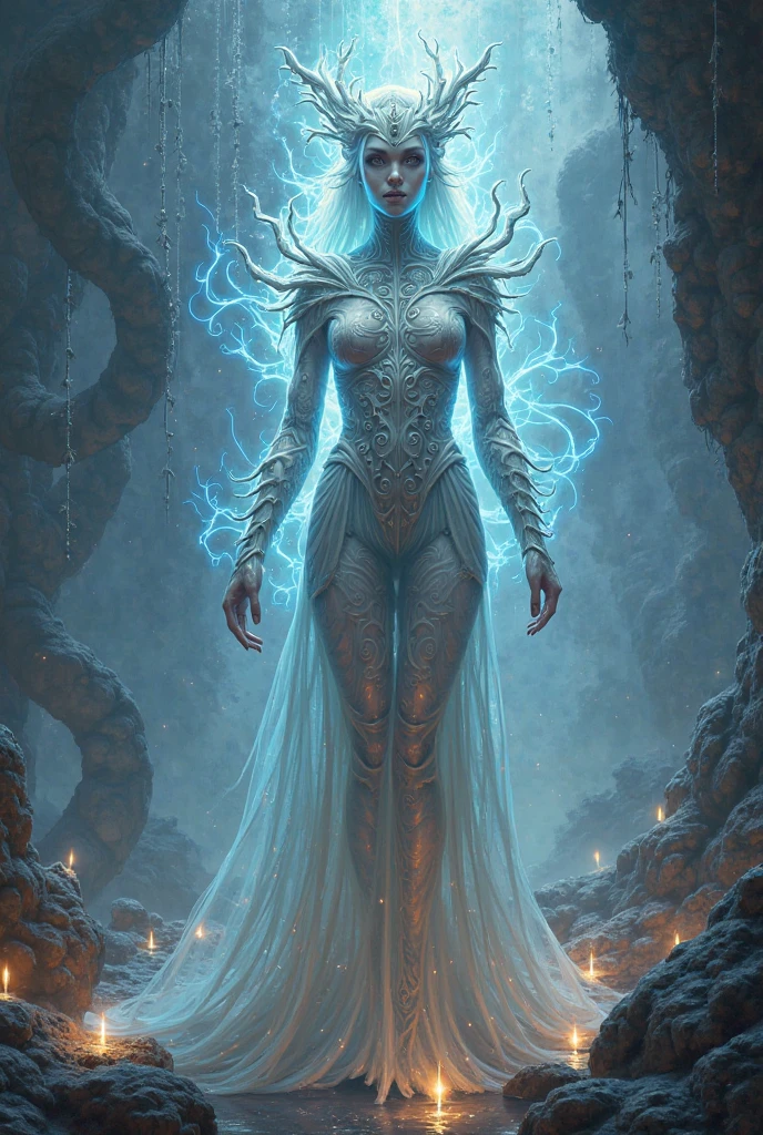 The goddess who descended into the cave, the whole body is shining, detailed white luxury dress, full body shot, Blacklight, giga_busty