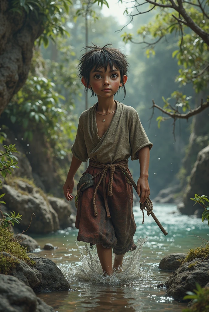 young (child :1.4), long hair, from above, lush forest,god rays, sun shining between the trees, tribal markings,barefoot,black_hair,silver bracelet,earrings,anklet,(loincloth:1.2),standing on a rock,wet,long shot,beautiful illustration,4k,high resolution,trending on pixiv,intricate,highly detailed , <lora:misty of forest:0.5>