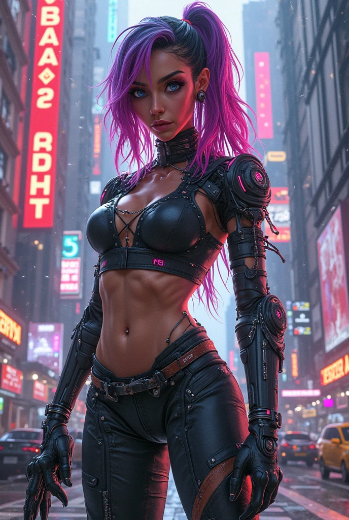((full body image)), ((best quality)), ((masterpiece)), (detailed), ((very muscular)), bodybuilder, very muscular legs, very big breasts, cyberpunk young woman, walking on the streets, pink and blue long hair. cyberpunk style