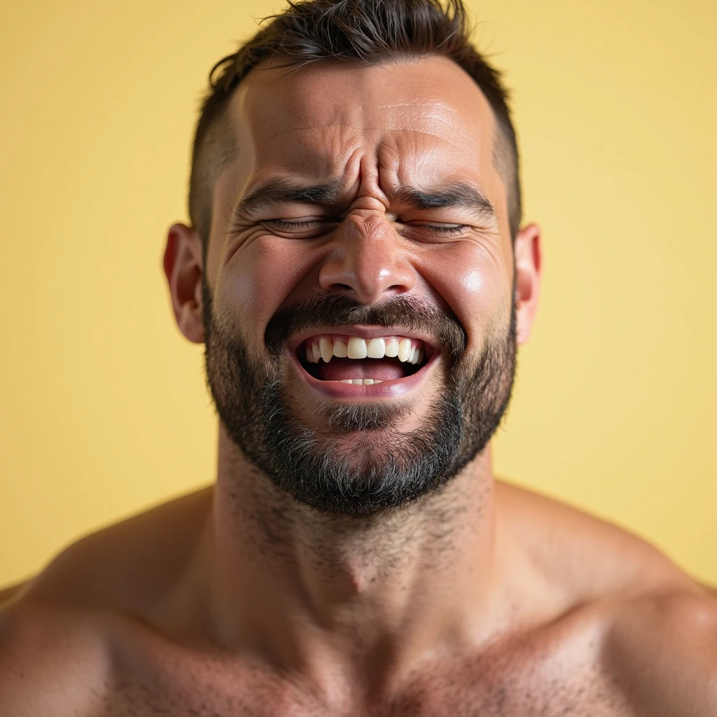 Create an image of a 40-year-old man, brawny, with little body hair, naked and visibly excited and with a large, thick penis.