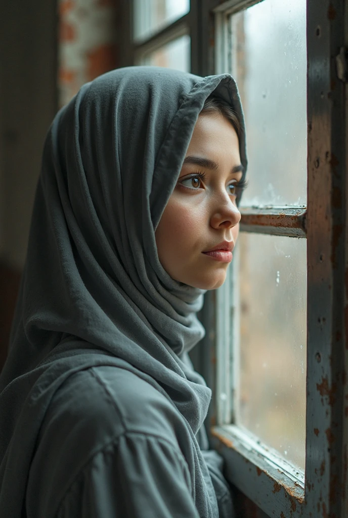Palestinian girl at the age of twenty wears a black hijab, some strands of hair are visible from her, and the golden sunlight falls on her. She is standing in a portrait scene in front of the window of her room. Her eyes are hazel and her skin is white. Make the background dark mixed with faint sunlight. The girl looks in the direction of the sunlight and make the picture look realistic. Maximum degree