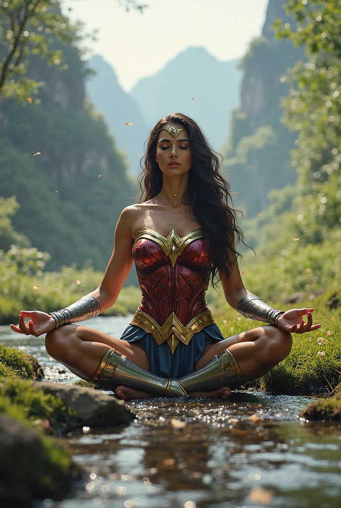 wonder woman is meditating.She is in a surreal landscape ultra-detailed cinematic best quality
