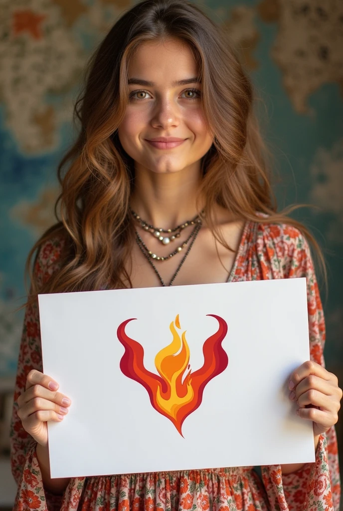 Beautiful girl with wavy long hair, bohemian dress, holding a white board with text " free Fire