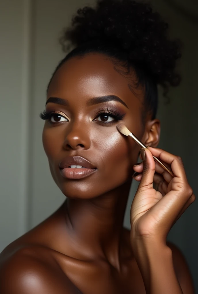 Black woman choosing makeup