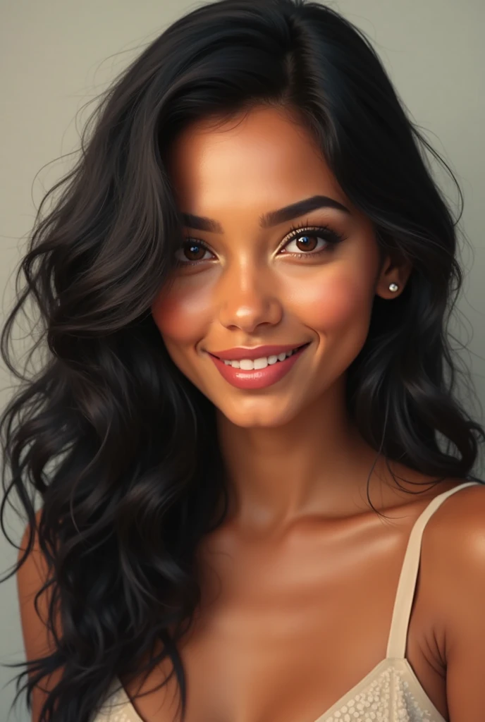 Create an ultra realistic detailed illustration of a tall, voluptuous woman, with olive skin and pronounced curves. Her dark brown hair, with blonde highlights, form voluminous curls that frame a sensual face. Her large, golden eyes shine brightly in the light, contrasting with a wide, contagious smile that reveals perfect, white teeth. The pose should emphasize your exuberant beauty and confidence..