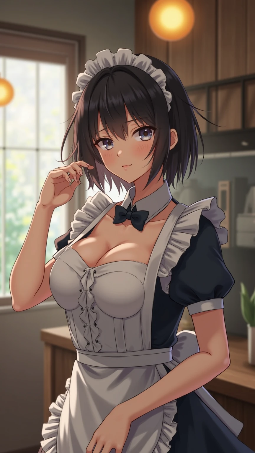 air groove \(umamusume\), ((big breasts:1.2))、sexy maid outfit、frilly maid headband、mini skirt with apron、knee high socks with ribbon、(Silk Long Gloves)、Fair skin、sexy pose、fantastic night city、A cafe crowded with people、cute smile