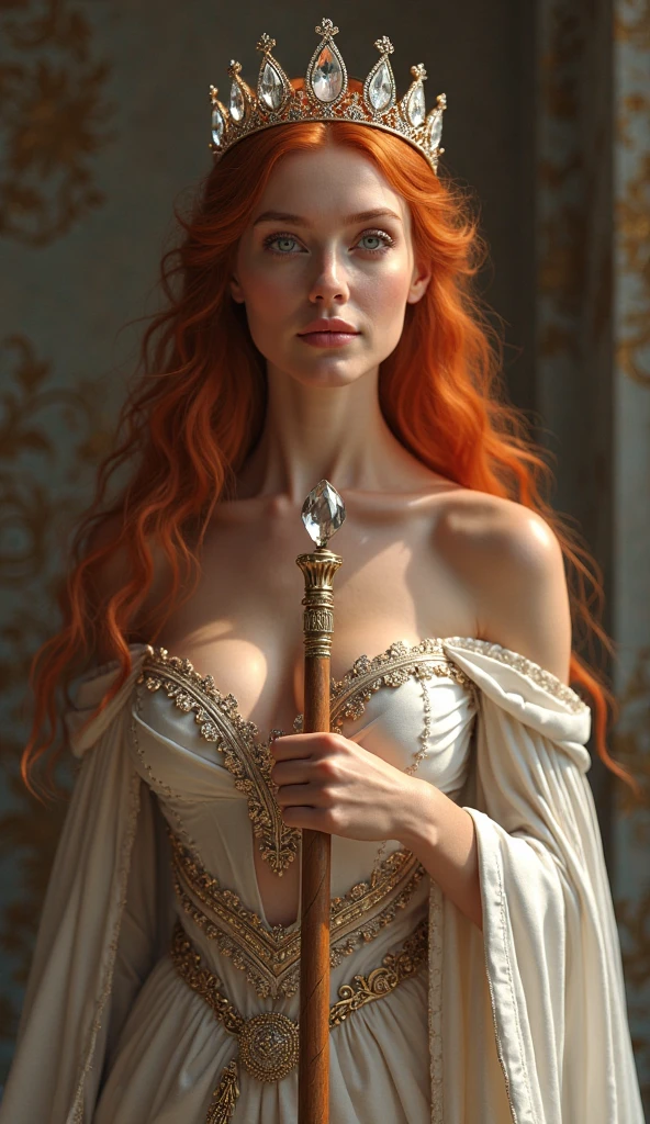 Draw a very beautiful redhead woman with light blue eyes, She is wearing a white sheer nightgown and holding a dagger to protect herself.