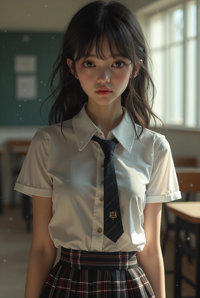 K-uniform with a very sad face and lots of tears, Seifuku, a hyperrealistic schoolgirl, girl wearing school uniform, Japan school uniform, a hyperrealistic schoolgirl, japanese girl school uniform, wearing japanese school uniform, School Girl, jaeyeon nam, Wearing school uniform, Wearing a school uniform, still from live action movie, There is a realistic schoolgirl young girl in a white shirt, kawaii realistic portrait, realistic anime 3 d style, a hyperrealistic schoolgirl, Realistic anime art style, realistic young anime girl, photorealistic anime, made with anime painter studio, a hyperrealistic schoolgirl, Anime Realism Style, Realistic anime art style, Smooth Anime CG Art、Age is 14 years old。Skin color is white skin、I have a very sad face and a lot of tears、thin neck