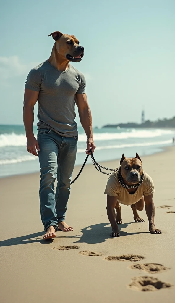 Um homem muito musculoso, with robust arms and defined chest, is standing shirtless. Ele segura firmemente um pitbull grande com uma coleira, that's baring its teeth in a ferocious growl. The man maintains a specific expression while confidently holding the dog