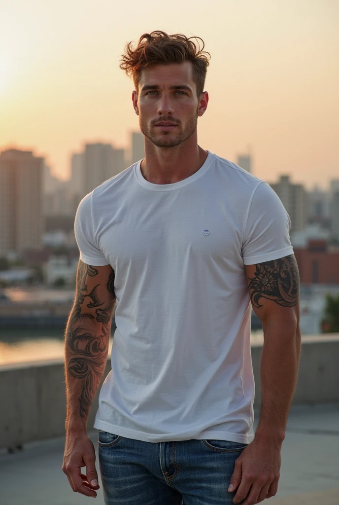 (Best quality:1.5), high quality, realistic, detailed, (European appearance), ((to the waist)), beautiful facial features, 1 brunette man, strong build, in a fabric T-shirt, denim trousers, looking, night, embankment, cinematic lighting, Resolution 8K, bright colors