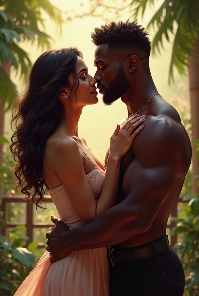 Hot Indian woman, sexy high slit dress, holded by tall, muscular african man infront of other man,outdoor