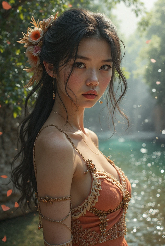 (highres, ultra-detailed, realistic:1.37), aerith, final fantasy, beautiful body, beautiful detailed eyes, detail-oriented nose, luscious lips, long flowing hair, radiant smile, elegant crown, royal attire, intricate jewelry, graceful pose, enchanting expression, majestic castle in the background, vibrant colors, soft lighting, regal atmosphere, atmospheric perspective, stunning landscape, floating clouds, magical aura, timeless beauty, intricate patterns, ethereal ambiance, striking contrast, dreamlike quality, cinematic composition