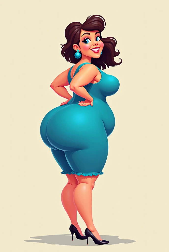 A chubby female cartoon, standing backwards, looking over your right shoulder, wearing a short pink dress, with a close-up capturing the harmonious beauty of her buttocks