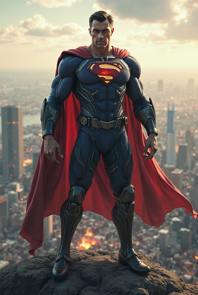 a captivating photorealistic dark fantasy image of Raging Anger Spawned Undead Superman in the heart of Metropolis City. The ominous sky, the dark glow, and the chaotic cityscape will come together to evoke a sense of otherworldly menace