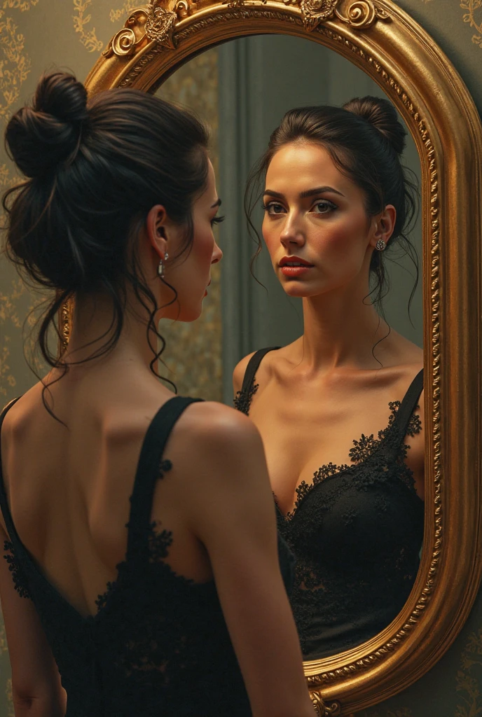  arafed woman in a black dress looking at a mirror, julia sarda, christina kritkou, sara ali, young middle eastern woman, wearing gold detailed choker, violet myers, yael shelbia, wearing intricate black choker, handsome girl, kailee mandel, beautiful iranian woman, charli bowater, gorgeous lady, lovely woman, gorgeous woman, mina petrovic