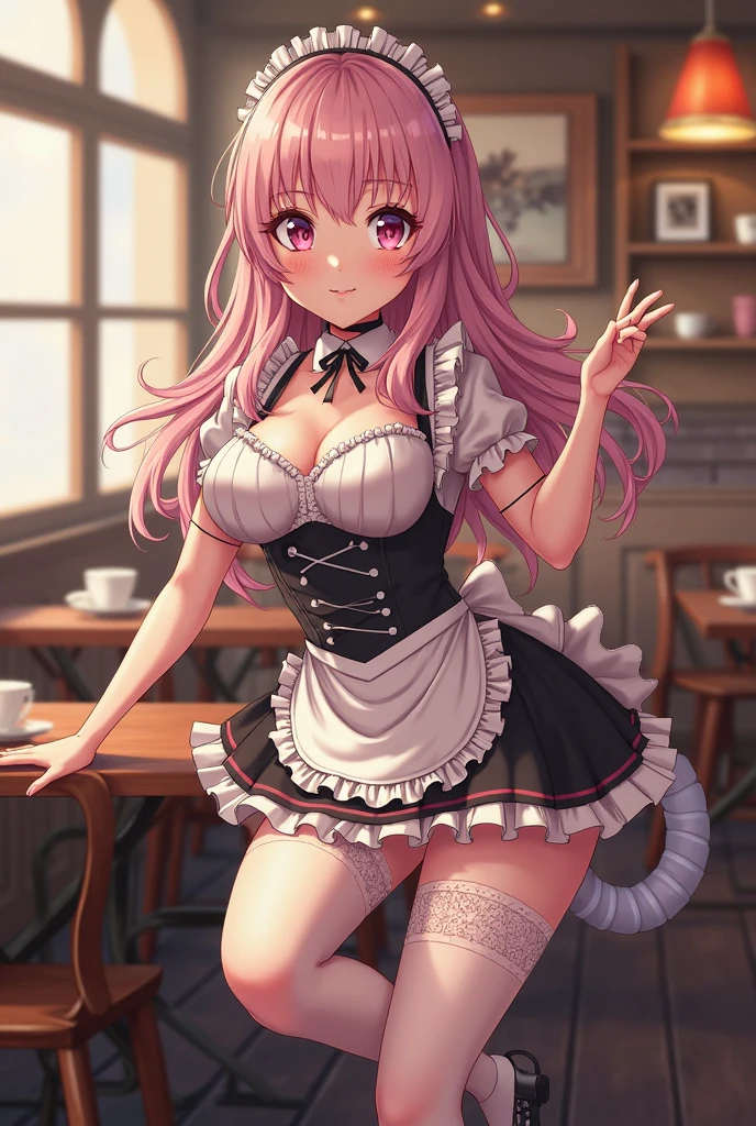 pinku_pawlette, cat_ears, cat_tail, pink_hair, purple_eyes, hair_over_one_eye maid, maid_uniform, maid_headdress, dress, paw_gloves, cat_paws, white_legwear, neck_bell, bell, shoes