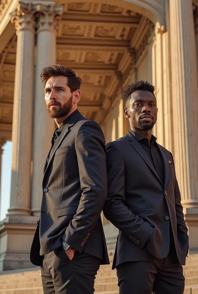 A bald muscular black man with a tall skinny young man with black hair imitating the scene from Titanic on a movie poster titled Peter and the Perfect Execution