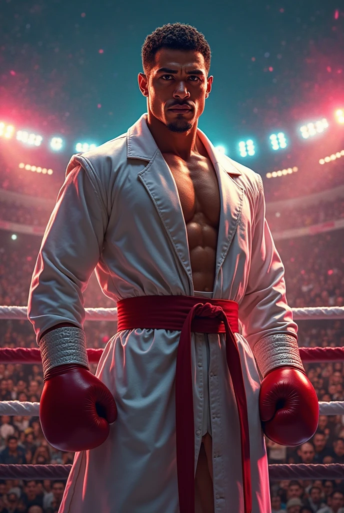 Young bodybuilder man martial artish vaibhav printed on her martial art uniform he are standing in boxing ring