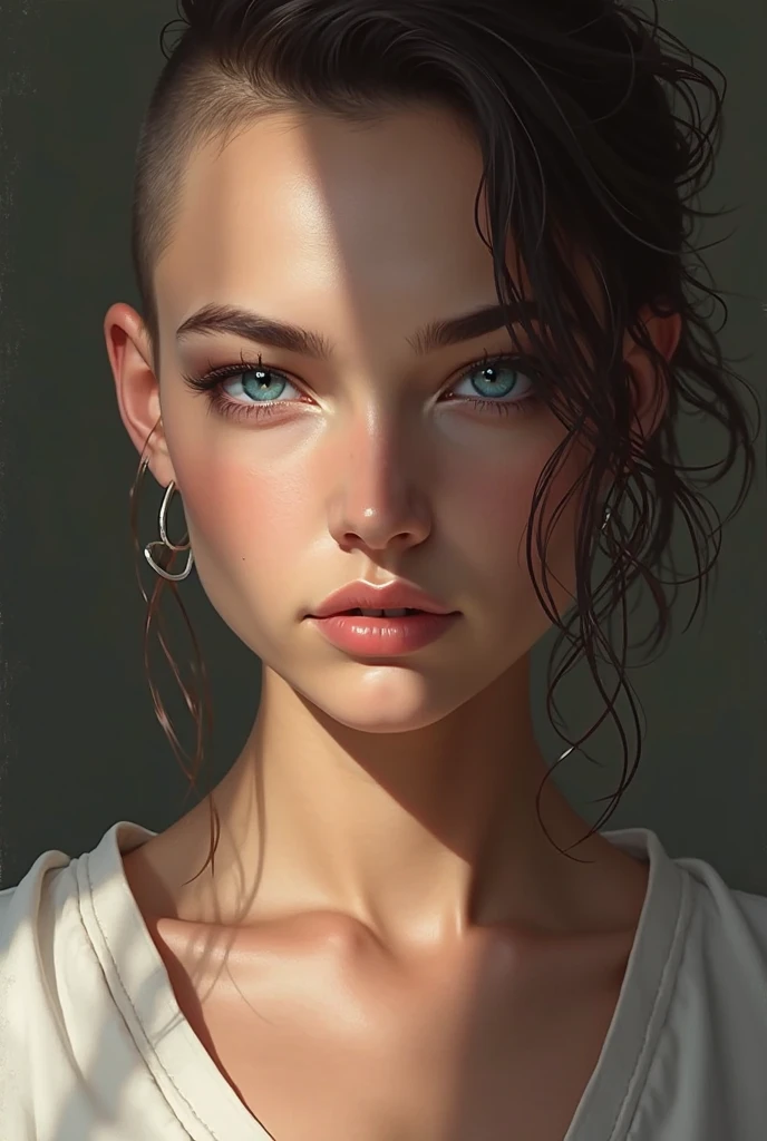 A mesmerizing masterpiece capturing a photorealistic portrayal of a woman with black hair cascading around her face. Her piercing blue eyes, subtly blurred yet captivating, draw the viewer's gaze with an intensity reminiscent of "The Matrix." She gazes directly at the viewer, exuding confidence and intrigue. The lighting is expertly crafted, casting beautiful shadows and highlighting her features with professional precision. The background is softly blurred, emphasizing her presence while maintaining a sense of depth. The portrait exudes a sense of realism, with meticulous attention to detail, including the texture of her short hair and the subtle nuances of her parted lips. The image showcases a film grain effect, adding an artistic touch and enhancing the overall atmosphere