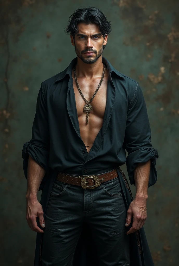 A sexy man with black hair, mediaeval period, gorgeous face, looking at me seductively, crisp and clear photo, sharp focus 