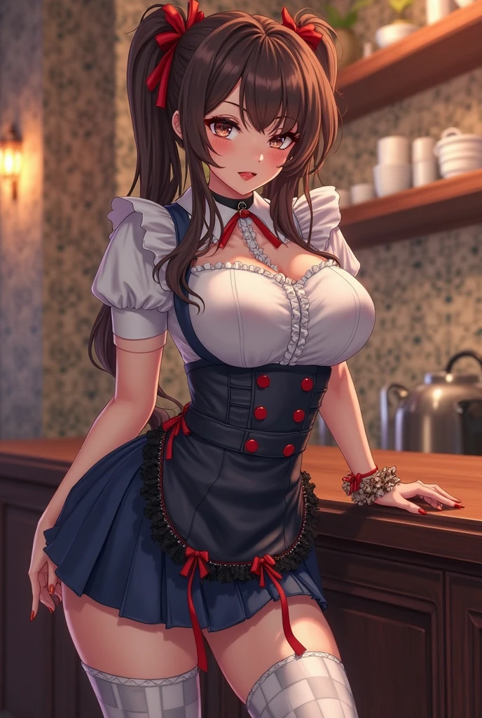 ((best quality)),((highly detailed)),masterpiece,absurdres,detailed face,beautiful face,(detailed eyes, deep eyes),1girl,Yunyun, solo, red eyes, necktie, big breast, brown hair, braid, pink necktie, skirt, belt, bow, long hair, long sleeves, latex pink skirt, hair bow, crown braid, hair ornament, bangs, necktie between breasts, puffy sleeves, hair between eyes, clothing cutout, cleavage cutout, latex shirt, red bow, , twintails, day, latex black shirt, between breasts, ribbon, juliet sleeves,,blush, miniskirt, low twintails, standing, pleated skirt, brown belt, sidelocks, hair ribbon, cleavage, jacket, dress, frown, wing collar,standing in a Alley