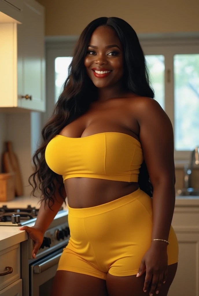 Low angle shot, two beautiful Latina milf women, one athletic honey afro, one athletic brunette, wearing colorful summer dresses, cooking in a sunny kitchen, looking away from viewer, beautiful view out the windows, 8 k sensual lighting, warm lighting, 4k extremely photorealistic, cgsociety uhd 4k highly detailed, trending on cgstation , busty, curvy, 40 years old, pawg