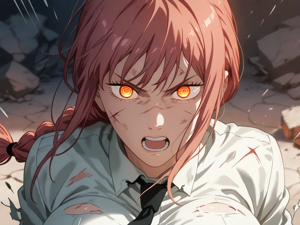 (best quality), (masterpiece), (highres), (depth of field), perfect lighting, extremely detailed girl, extremely detailed face, 1 girl, beautiful detailed eyes, full body, (looking at viewer),(sharp focus) makima \(chainsaw man\), red hair, long braided hair, golden eyes, bangs, medium breasts, white shirt, loose necktie,  untied necktie, glowing eyes, swirl eyes, small smile, (dark background, chains:1.3), holding chain, evil, blood on face,